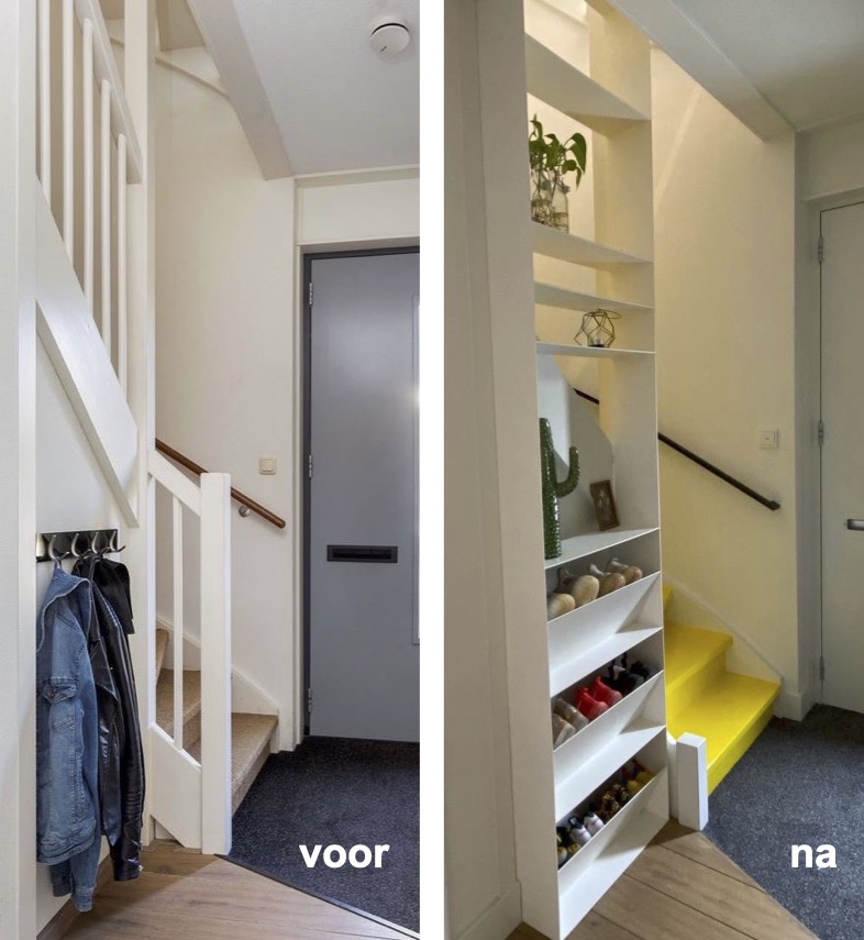 renovatie hal met gele trap en witte stalen vakkenkast